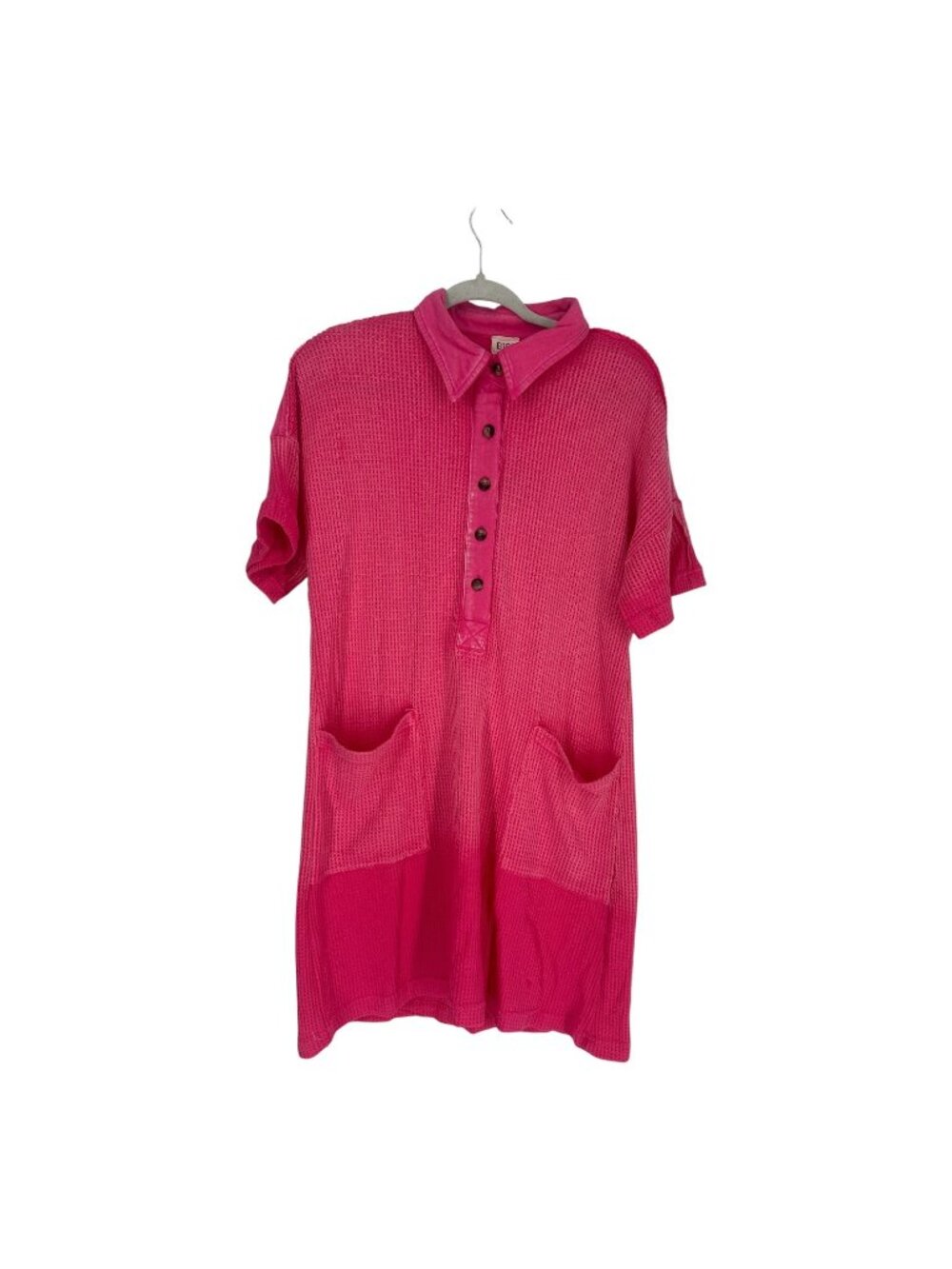 BIBI Hot Pink Waffle Knit Tunic Dress Medium Drop Shoulder Collared Mineral Wash
